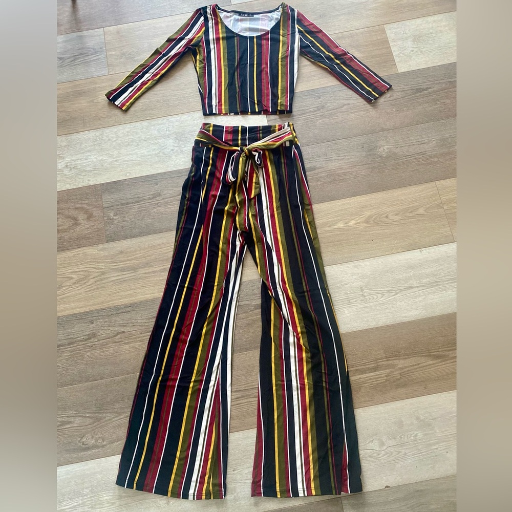 2 PCS MULTI STRIPE CROP TOP HIGH RISE PANT SET